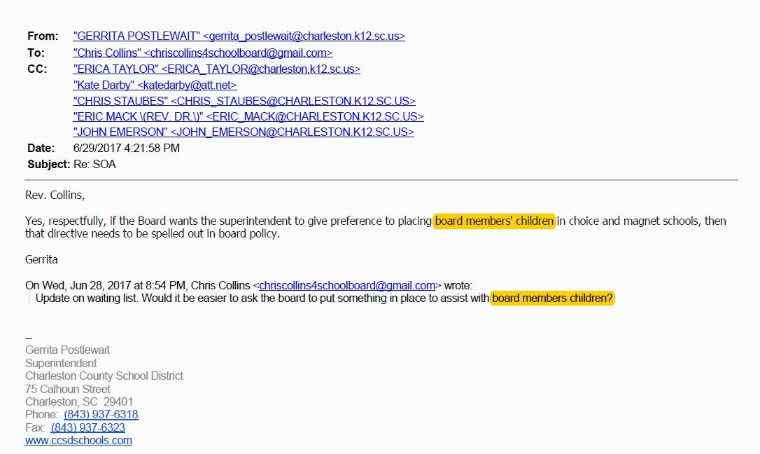 Rev. Chris Collins email to Gerrita Postlewait, June 28, 2017